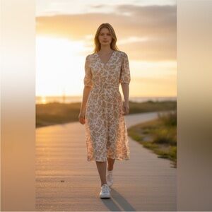 Draper James Beige and White Floral V-Neck Midi Dress